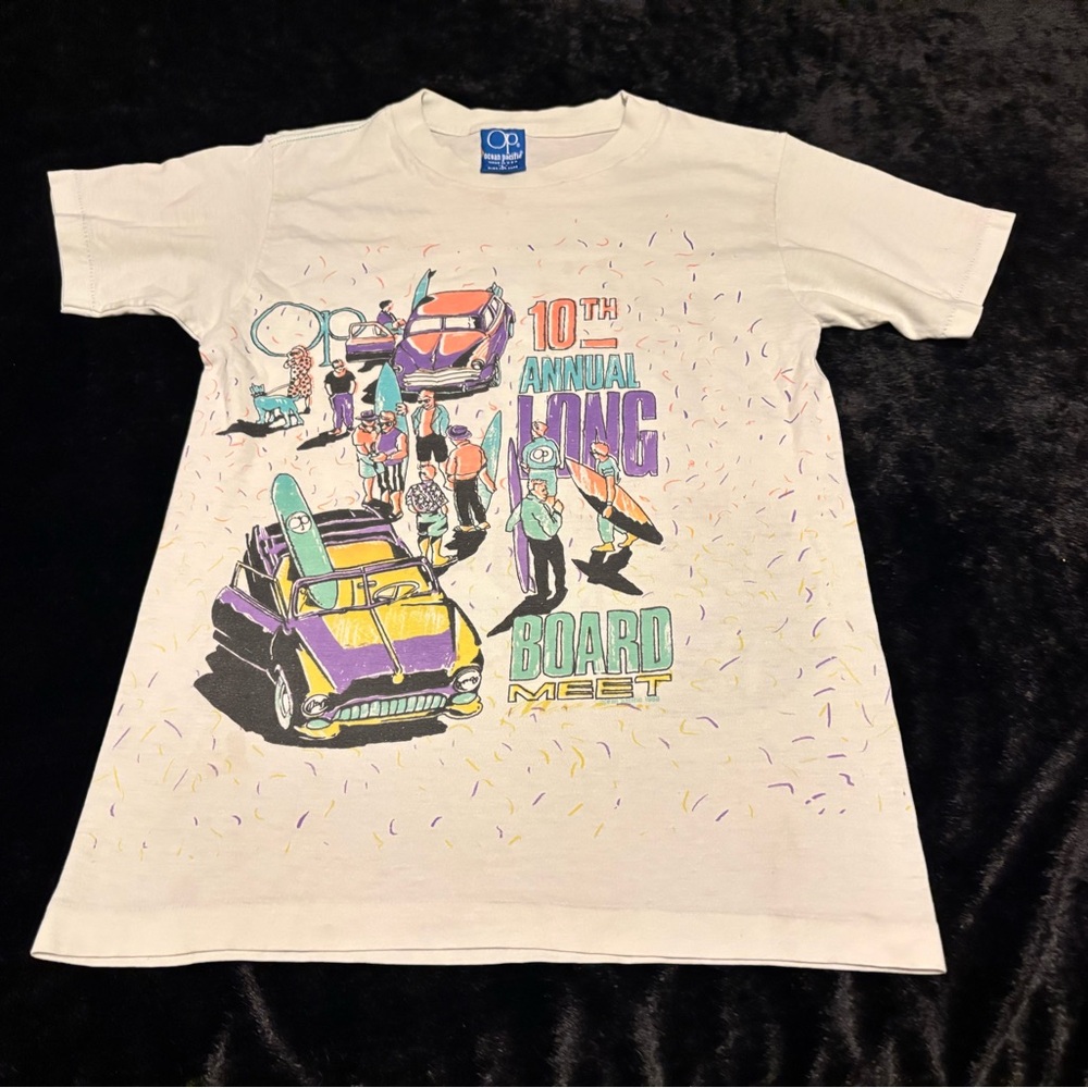 Boys Large Vintage 1988 Ocean Pacific OP 10th Annual Long Board Surfing Tshirt